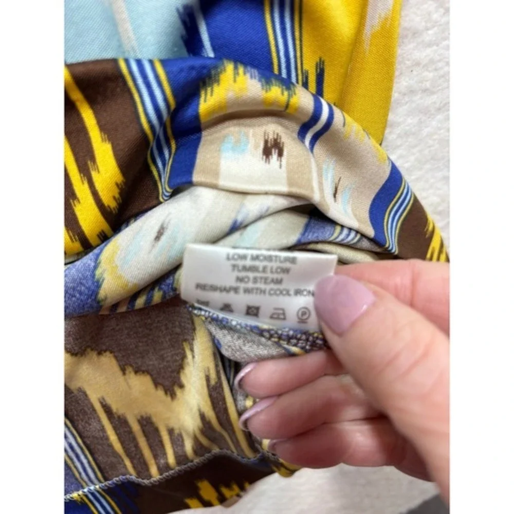 Tory Burch Silk Ikat Print V-Neck  Midi‎ Dress Blue Yellow Brown Size M #927